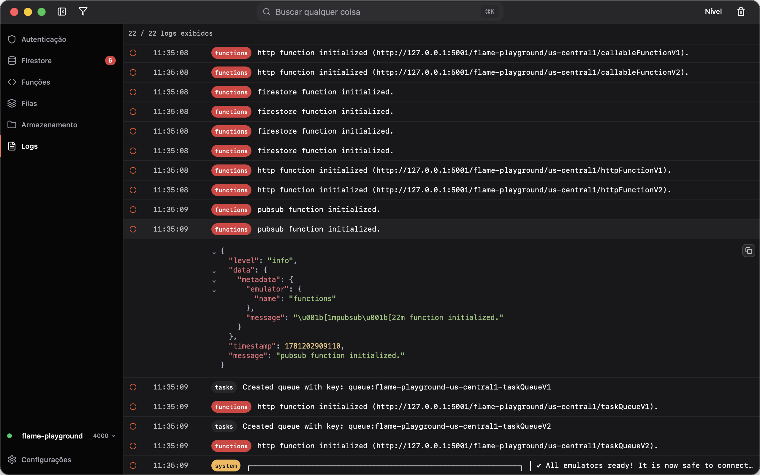 Logs do emulador